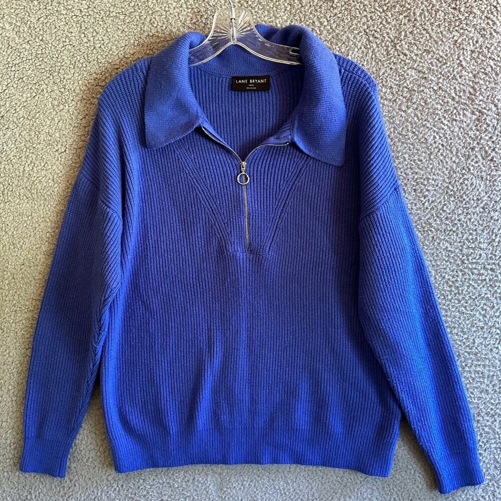 Lane Bryant‎ Sweater Womens 14-16 Blue Ribbed 1/4 Zip Collared Pullover Casual